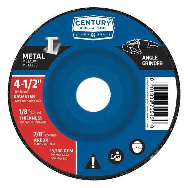 Century Drill & Tool Abrasive Cut-Off Wheel, Type 27, 4-1/2 in Dia, 1/8 in Thick, 7/8 in Arbor Hole Size, Aluminum Oxide - 75543