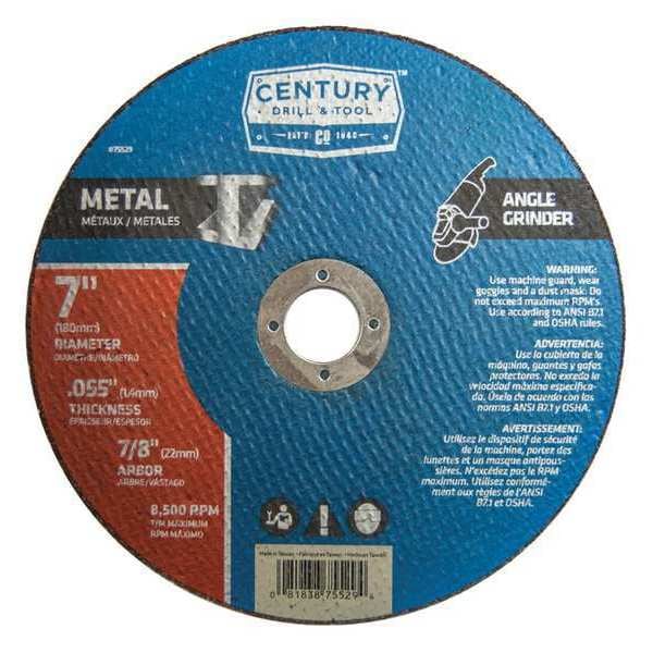 Century Drill & Tool Abrasive Cut-Off Wheel, TYPE 1A, 7 in Dia, 0.055 in Thick, 7/8 in Arbor Hole Size, Aluminum Oxide - 75529
