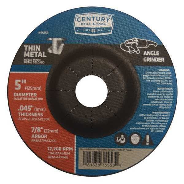 Century Drill & Tool Abrasive Cut-Off Wheel, TYPE 27A, 5 in Dia, 0.045 in Thick, 7/8 in Arbor Hole Size, Aluminum Oxide - 75553