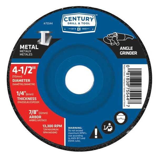 Century Drill & Tool Abrasive Cut-Off Wheel, Type 27, 4-1/2 in Dia, 1/4 in Thick, 7/8 in Arbor Hole Size, Aluminum Oxide - 75544