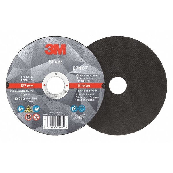 3M Abrasive Cut-Off Wheel, Type 1, 5 in Dia, 0.045 in Thick, 7/8 in Arbor Hole Size, Ceramic, 36 Grit - 87467