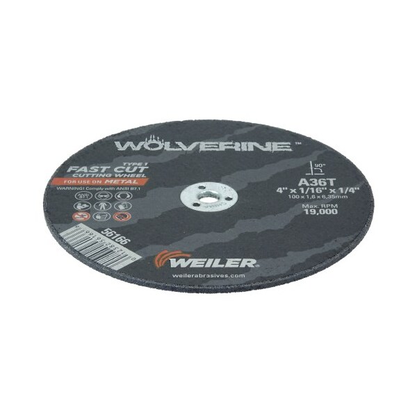 Weiler 4 in Dia, 1/16 in Thick, Aluminum Oxide, 36 Grit - 56166