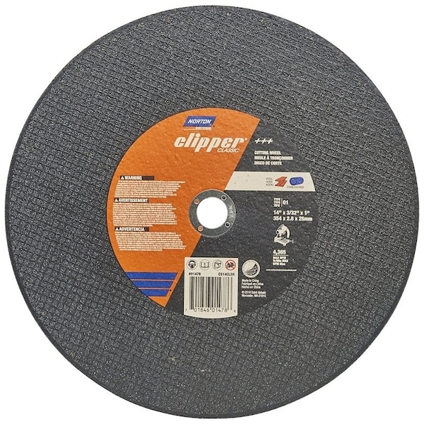Norton Clipper Clipper Classic A AO Series Cutoff Wheel, 14 in Dia, 332 in Thick, 1 in Arbor - 70184601478