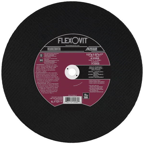 Flexovit HIGH PERFORMANCE Multi-Purpose Cut-Off Wheel, 10 in Dia x 1/8 in THK, 1 in Center Hole, 30 Grit, Alu - F3966