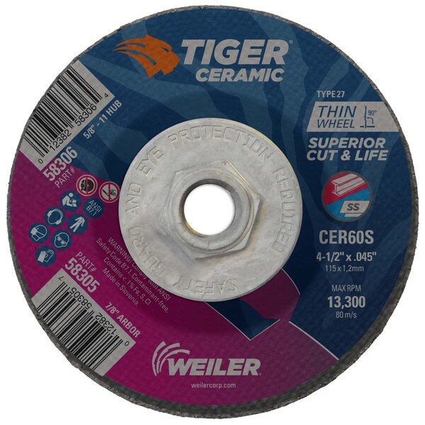 Weiler 4-1/2 in Dia, 0.045 in Thick, Ceramic, 60 Grit - 58306