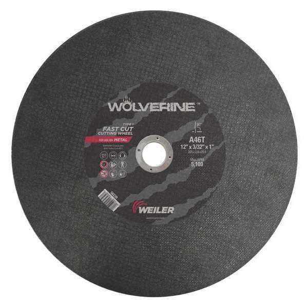 Weiler Abrasive Cut-Off Wheel, Type 1, 12 in Dia, 0.0938 in Thick, 1 in Arbor Hole Size, Aluminum Oxide - 56239
