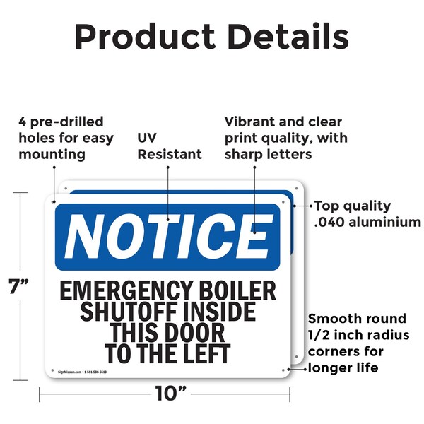 Signmission Emergency Boiler Shutoff Inside This Door, 10 in W x Rectangle, Aluminum - OS-2PACK-NS-A-710-L-11767