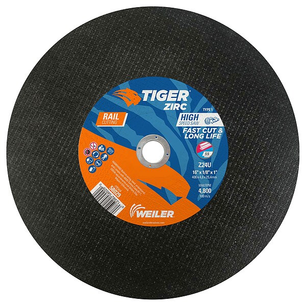 Weiler Abrasive Cut-Off Wheel, Type 1, 16 in Dia, 0.125 in Thick, 1 in Arbor Hole Size, Zirconia Alumina - 58029