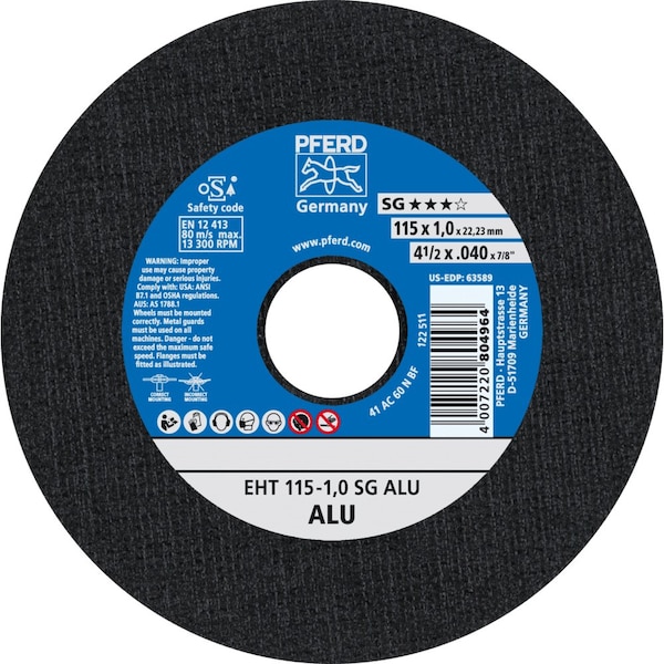 Pferd 4-1/2'' x .040'' Cut-Off Wheel, 7/8'' A.H. - SG ALU - Type 1 - 63589