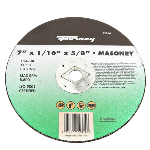 Forney Cutting Wheel, Masonry, Type 1, 7 in x 1/16 in x 5/8 in - 72314