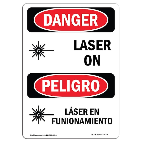 Signmission OSHA Danger Sign, Laser On Bilingual, 18in X 12in Aluminum, 12" W, 18" H, Bilingual Spanish - OS-DS-A-1218-VS-1672