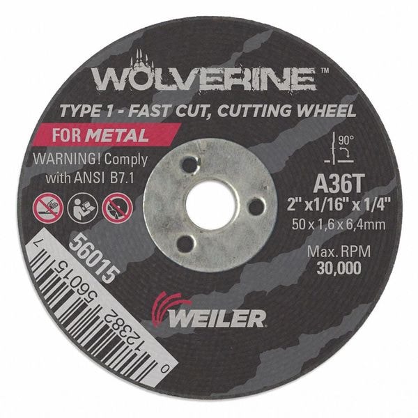 Weiler Abrasive Cut-Off Wheel, Type 1, 2 in Dia, 0.0625 in Thick, 1/4 in Arbor Hole Size, Aluminum Oxide - 56015