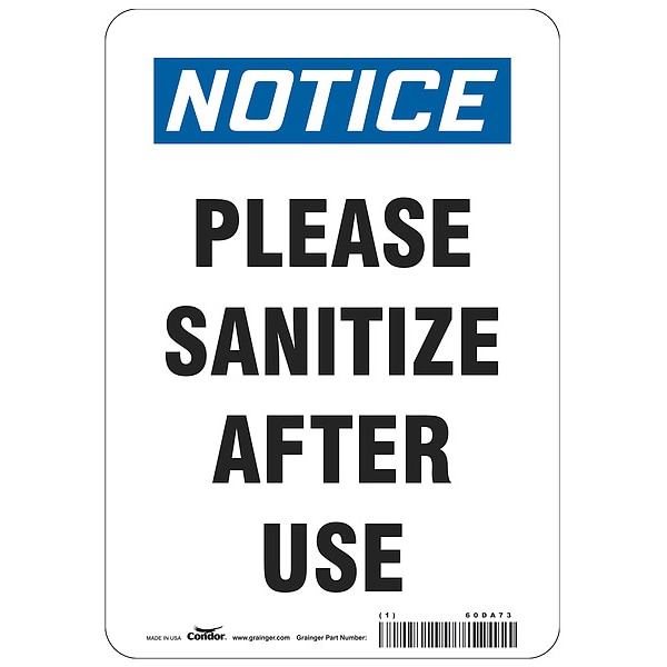 Condor Please Sanitize After Use Sign, 7" W x 10" H, English, Polyester, White - HWN836T1007
