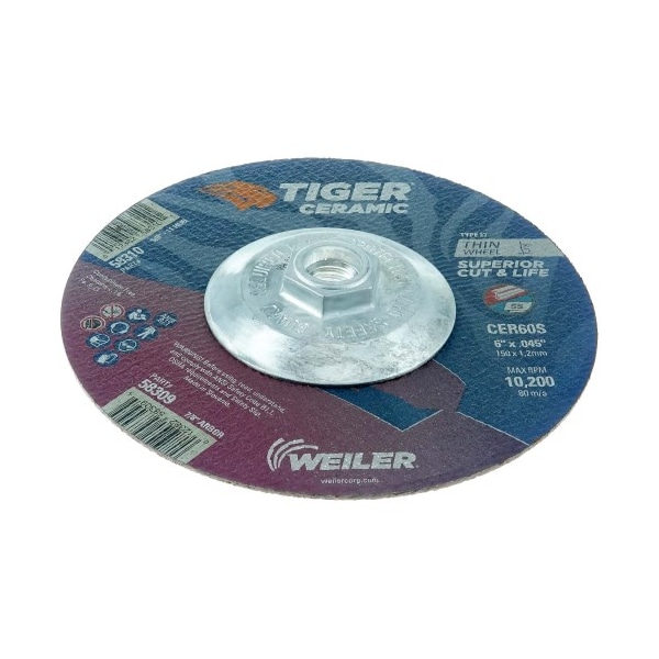 Weiler 6" x .045" TIGER CERAMIC Type 27 Cutting Wheel CER60S 5/8-11 Nut - 58310