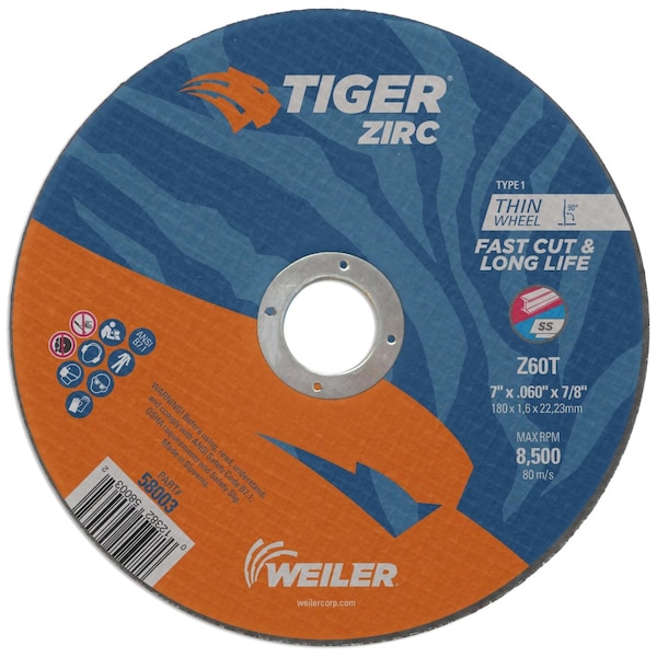 Weiler 7 in Dia, 0.060 in Thick, Zirconia Alumina, 60 Grit - 58003