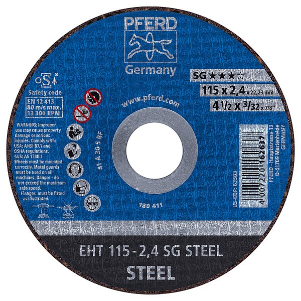Pferd Abrasive Cut-Off Wheel, Type 1, 4-1/2 in Dia, 3/32 in Thick, 7/8 in Arbor Hole Size, Aluminum Oxide - 63503