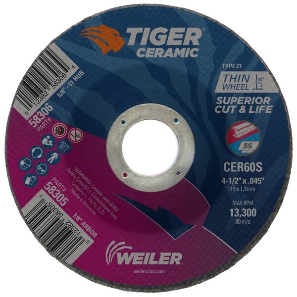 Weiler 4-1/2" x .045" TIGER CERAMIC Type 27 Cutting Wheel CER60S 7/8 A.H. - 58305