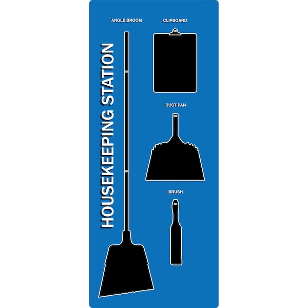 5S Supplies 5S Housekeeping Shadow Board Broom Station Version 13  - Blue Board / Black Shadows  With Broom - HSB-V13-BLUE-KIT