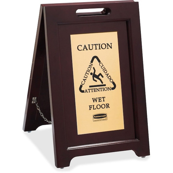 Rubbermaid Commercial Brass Plaque Wooden Caution Sign, 23.5" Height, 15" Width, Wood, Rectangular - RCP1867507