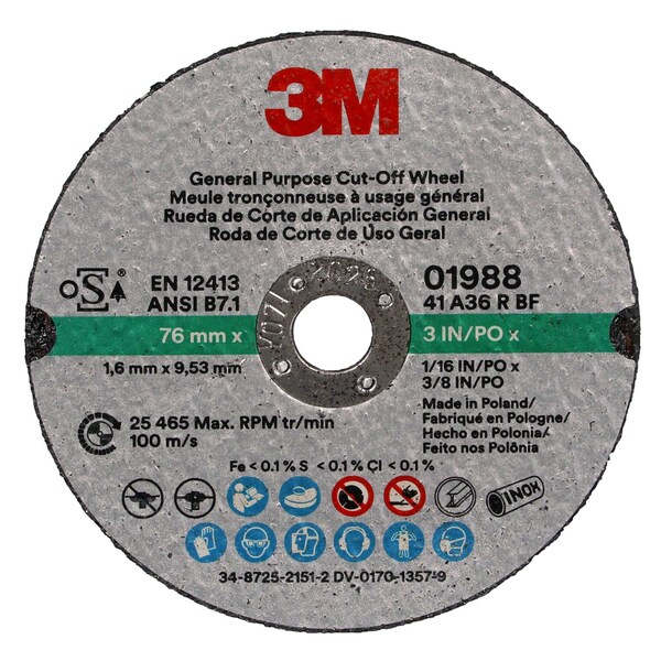 3M General Purpose Cut-Off Wheel 01988, 3 in x 1/16 in x 3/8 in, 50PK - 1988