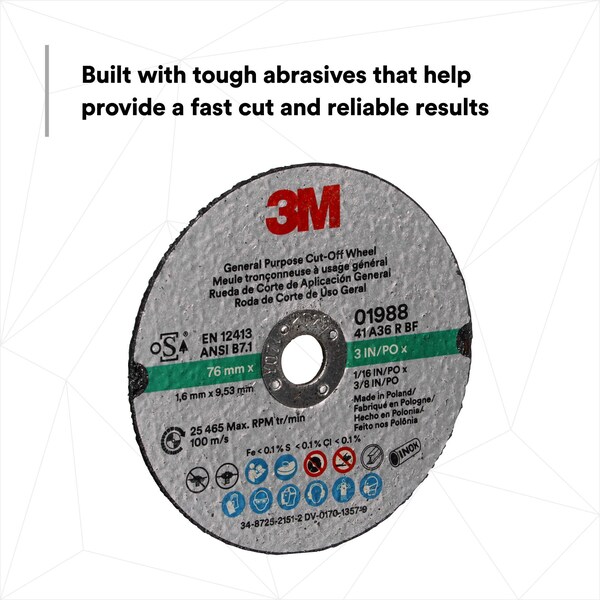 3M General Purpose Cut-Off Wheel 01988, 3 in x 1/16 in x 3/8 in, 50PK - 1988
