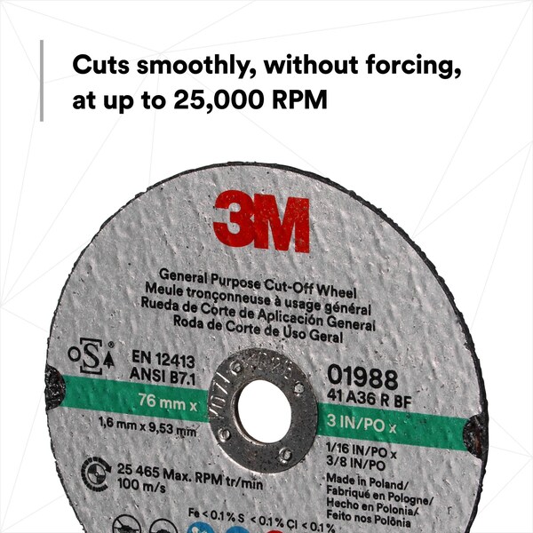 3M General Purpose Cut-Off Wheel 01988, 3 in x 1/16 in x 3/8 in, 50PK - 1988
