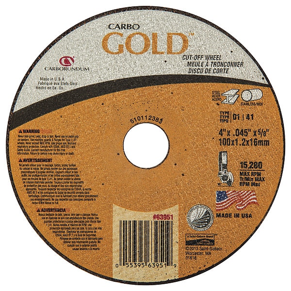 Zoro Select Abrasive Cut-Off Wheel, Type 1, 4 in Dia, 0.045 in Thick, 5/8 in Arbor Hole Size, Aluminum Oxide - 66252850584