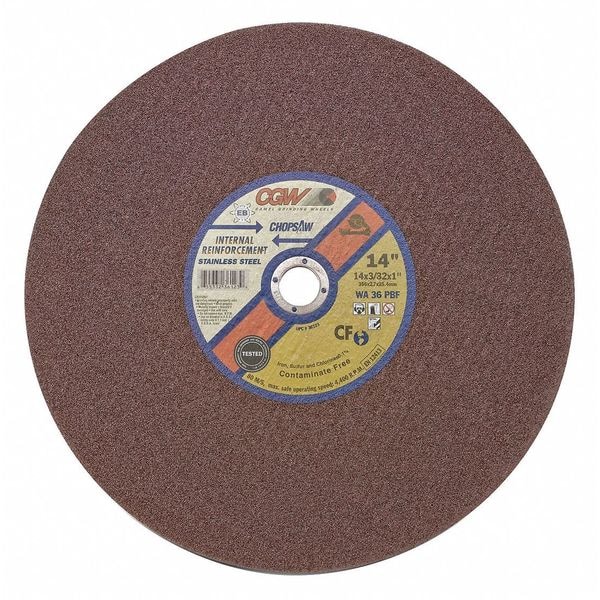 Cgw Abrasives CutOff Whl, 14x3/32x1, WA36PBF, SR -SS, Type 1, 14 in Dia, 3/32 in Thick, 1 in Arbor Hole Size - 36123