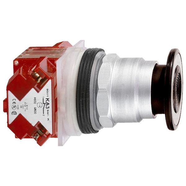 Botón pulsador Schneider Electric, Harmony 9001K, metálico, forma de hongo de 41mm, negro, 30mm, 3 posiciones, retorno al centro, 1 NC tarde + 1 NC - 9001KR8BH25.