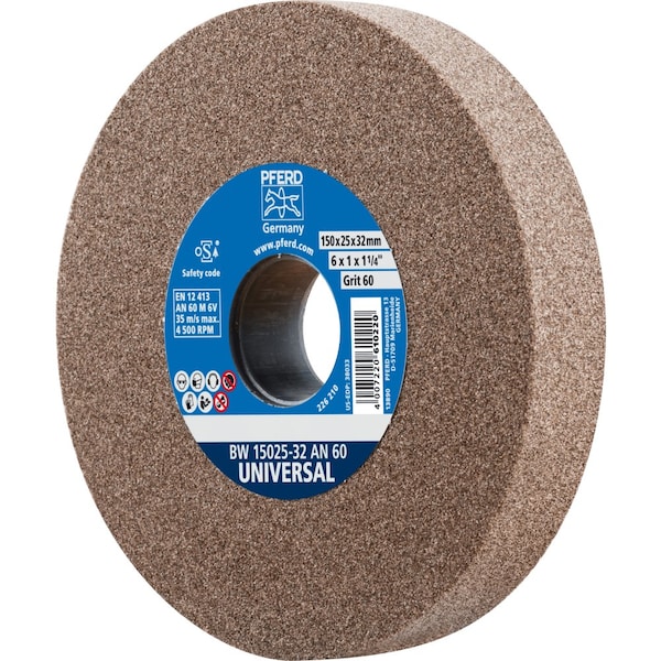 Pferd PFERD Vitrified Bench Wheel, UNIVERSAL, 6" x 1 x 1-1/4, 60 Grit, Aluminum Oxide - 61746