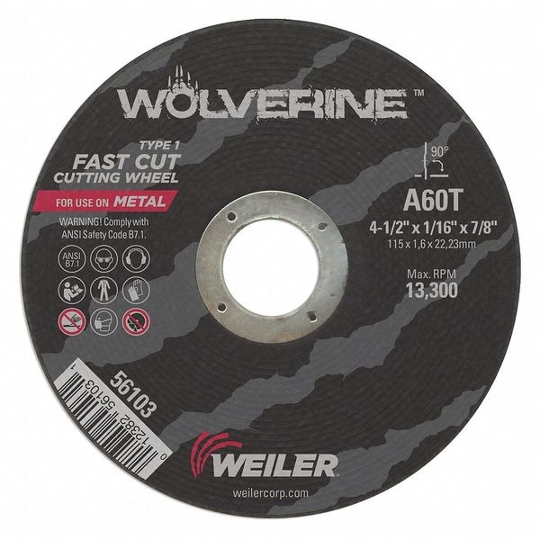 Weiler Abrasive Cut-Off Wheel, Type 1, 4 1/2 in Dia, 0.0625 in Thick, 7/8 in Arbor Hole Size, 60 Grit - 56103