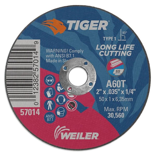 Weiler 2" x .035" TIGER AO Type 1 Cutting Wheel, A60T, 1/4" A.H. - 57014