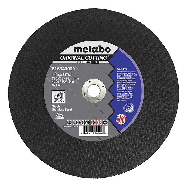 Metabo Abrasive Cut-Off Wheel, Type 1, 14 in Dia, 3/32 in Thick, 1 in Arbor Hole Size, Aluminum Oxide - 616340000