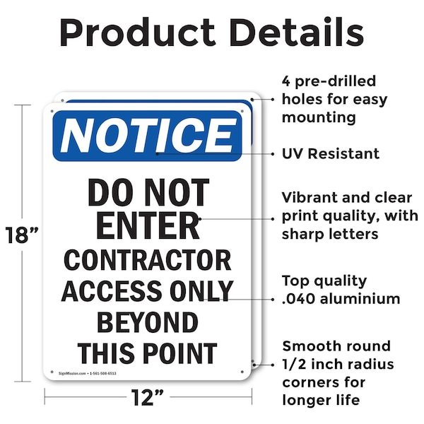 Signmission Do Not Enter Contractor Access OSHA Notice Sign, Aluminum, 12in W x 18in L, 2PK - OS-2PACK-NS-A-1218-V-11177