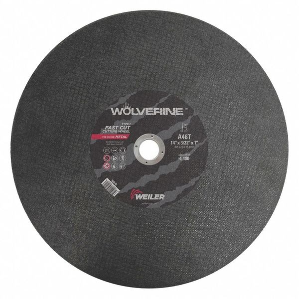 Weiler Abrasive Cut-Off Wheel, Type 1, 14 in Dia, 0.0938 in Thick, 1 in Arbor Hole Size, Aluminum Oxide - 56240