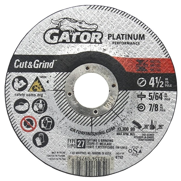 Gator Cut-Off Wheel, 4-1/2 in Dia, 5/64 in Thick, 7/8 in Arbor, Aluminum Oxide Abrasive - 9752