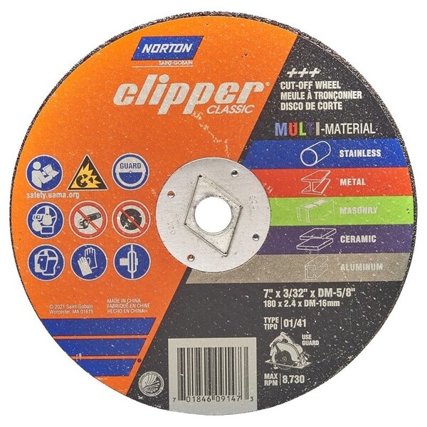 Norton Clipper Clipper Classic AC AOSC Series Cutoff Wheel, 7 in Dia, 332 in Thick, 58 in Arbor - 70184609147
