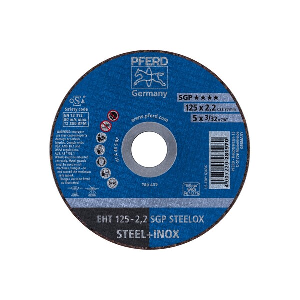 Pferd Abrasive Cut-Off Wheel, Type 1, 5 in Dia, 3/32 in Thick, 7/8 in Arbor Hole Size, Aluminum Oxide - 63636