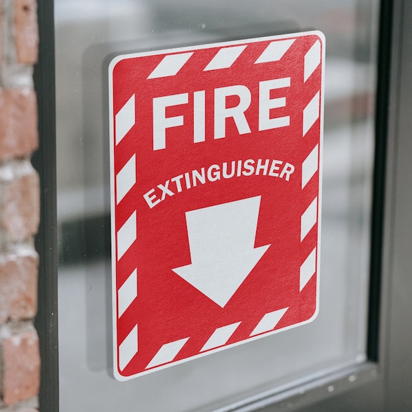 Signmission Fire Extinguisher with Arrow OSHA ANSI Sign, Vinyl Decal, 3.5in W x 5in L, 2PK - OS-2PACK-MISC-D-35-L-19492