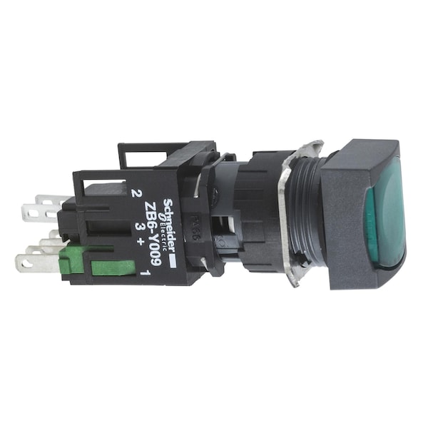 Botón pulsador iluminado completo de Schneider Electric, Harmony XB6, cuadrado verde empotrado, 16mm, retorno por resorte, 1NA + 1NC, 12...24V - XB6CW3B5B.