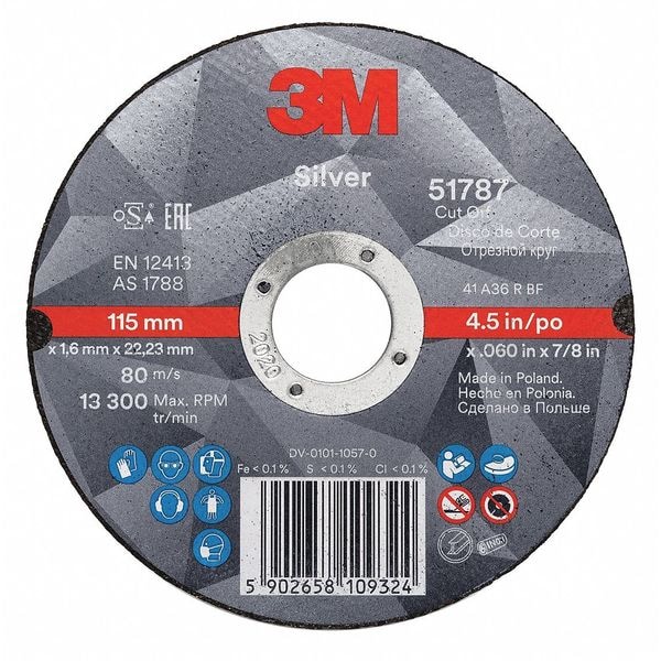 3M Depressed Center Cut-Off Wheel, Type 27, 6 in Dia, 0.045 in Thick, 7/8 in Arbor Hole Size, Ceramic - 87470