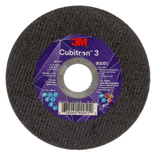 3M Cubitron Abrasive Cut-Off Wheel, Type 1, 4 1/2 in Dia, 0.04 in Thick, 7/8 in Arbor Hole Size, Ceramic - 90051