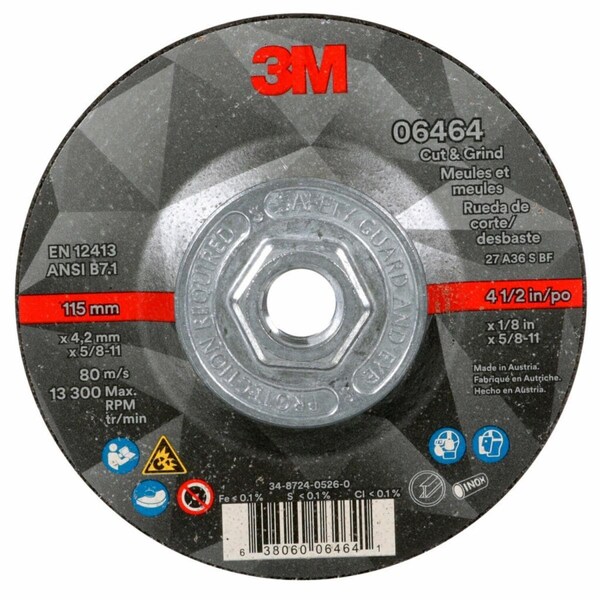 3M Cut-Off & Grinding Wheel, Type 27, 4 1/2 in Dia, 0.125 in Thick, 5/8"-11 Arbor Hole Size, Ceramic - 7100245014