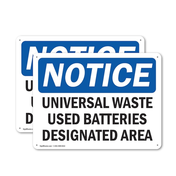 Signmission Universal Waste Used Batteries Designated Area, 10 in W x Rectangle, Plastic - OS-2PACK-NS-P-710-L-18774