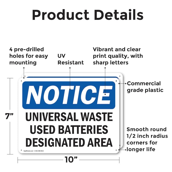 Signmission Universal Waste Used Batteries Designated Area, 10 in W x Rectangle, Plastic - OS-2PACK-NS-P-710-L-18774