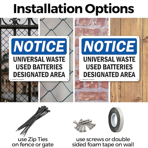 Signmission Universal Waste Used Batteries Designated Area, 10 in W x Rectangle, Plastic - OS-2PACK-NS-P-710-L-18774
