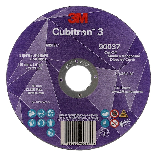 3M Cubitron Abrasive Cut-Off Wheel, Type 1, 5 in Dia, 0.045 in Thick, 7/8 in Arbor Hole Size, Ceramic, 36 Grit - 90037