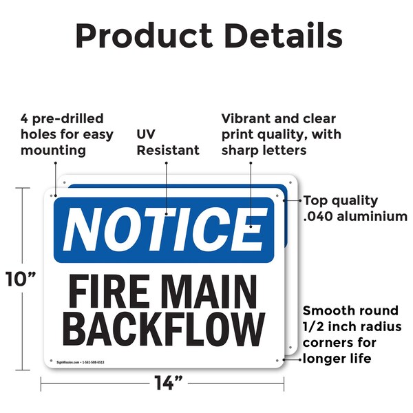 Signmission Fire Main Backflow OSHA Notice Sign, Aluminum, 14in W x 10in L, 2PK - OS-2PACK-NS-A-1014-L-12618