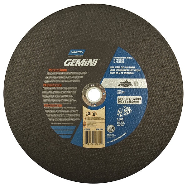 Norton Abrasives Abrasive Cut-Off Wheel, Type 1, 12 in Dia, 0.125 in Thick, 1 in, 20 mm Arbor Hole Size, 24 Grit - 66252837838