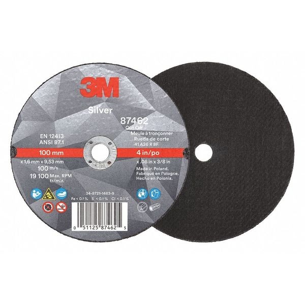 3M Abrasive Cut-Off Wheel, Type 1, 4 in Dia, 0.06 in Thick, 3/8 in Arbor Hole Size, Ceramic, 36 Grit - 87462